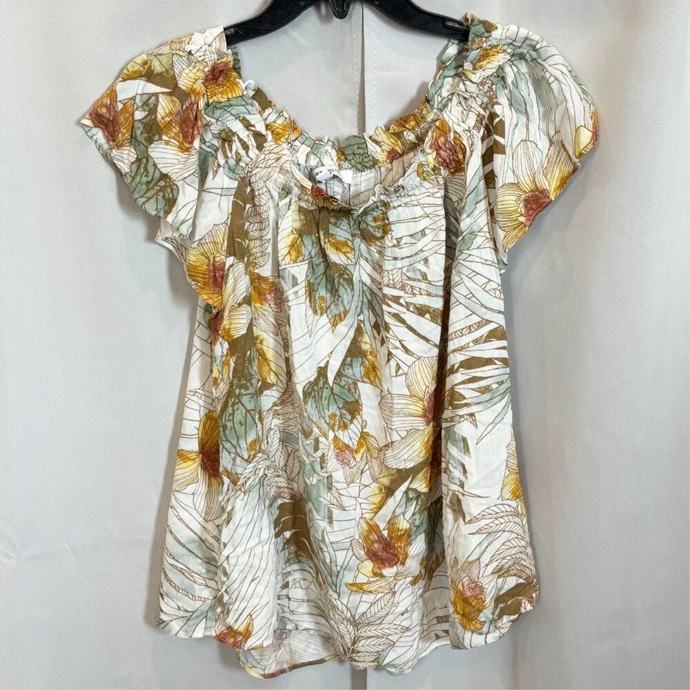 Rose Olive Women Top Medium Floral Fairy Ruffle Flutter Boho Coastal Art 18693x